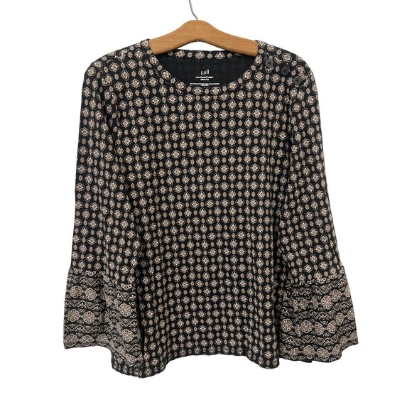 J Jill Supima Top Large Black Floral Ruffle Sleeve Bohemian Chic Summer Blouse - Picture 2 of 9